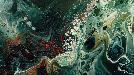 Abstract fluid art painting in dark green, white and red colors, with swirling patterns of liquid paint resembling water flow through an underwater landscape, Wallpaper Pictures, Background Hd