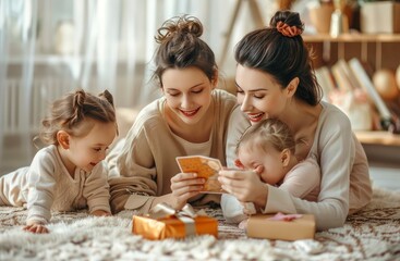 Obraz na płótnie Canvas We love you. Smiling young woman getting presents from kids. Two cute twin daughters giving mom handmade greeting card. Little children lying on floor, hugging mommy and wishing her Happy Mother's Day