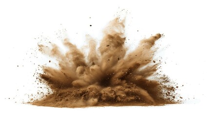 Splash of dry soil or powder of brown color isolated on white background. Abstract dust explosion.