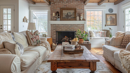 Cozy vintage living room with floral sofa, brick fireplace, knit blankets, rustic coffee table,...
