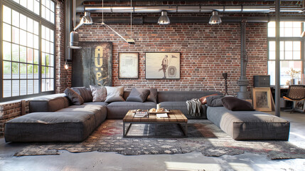 Urban loft with industrial-chic vibe. Exposed brick, concrete, plush seating, rustic accents,...