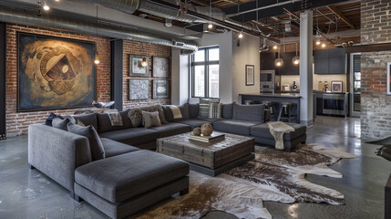Contemporary industrial-chic loft living room with cozy seating, rustic charm, and modern artwork for a warm and stylish urban vibe.