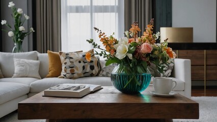 living room with flowers,A vase of yellow flowers sits on a coffee table in front of a couch with blue pillows.