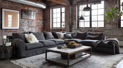 Contemporary loft with industrial-chic vibe. Exposed brick, plush furnishings, rustic accents....