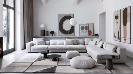 Modern living room with gray tones, modular sofa, geometric rug, minimalist decor, and statement lighting. Abstract art for a pop of color.