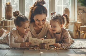 We love you. Smiling young woman getting presents from kids. Two cute twin daughters giving mom handmade greeting card. Little children lying on floor, hugging mommy and wishing her Happy Mother's Day