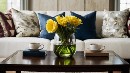 living room with flowers,yellow flowers on a tablemA vase of yellow tulips sits on a coffee table, with a bowl of fruit on top. The table is placed in front of a grey couch with a yellow pillow.
