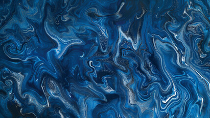 An ultra HD image of a deep sapphire blue marble texture with swirling patterns of silver and pale blue, resembling the turbulent seas from above.