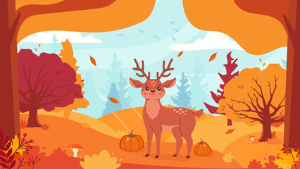 Hello aitimn illustration Deer in the forest. Autumn aesthetic, forest landscape. Vector background. Beautiful autumn forest landscape. Stunning landscape of mixed forest in autumn season with pumpkin