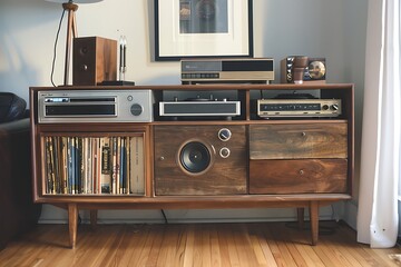 Mid-century modern credenza showcasing a classic record player and a curated selection of vintage vinyl records.