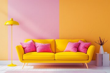Bright and cozy light pink and yellow modern living room interior have sofa and lamp with white wall background.