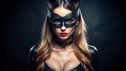 Stylish brunette woman with a mask and cat ears adds a touch of mystery to her look