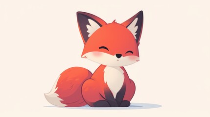 Fototapeta premium A charming little cartoon fox in adorable red and white hues sits gracefully with its fluffy tail against a clean white backdrop Perfect as a sticker or icon