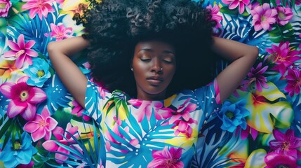 A captivating flat lay arrangement presents a vividly colored t-shirt accentuated by the curly hair of a beautiful girl, set against the backdrop of a professional photo studio