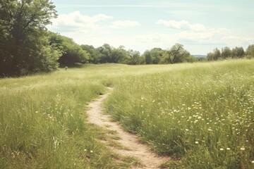 Empty scene of walking path through meadow grassland outdoors pasture.