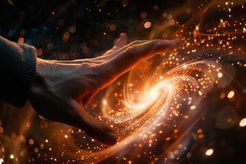 First contact. hand touching spinning vortex of light particles, neuronal network concept