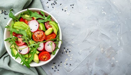 Diet menu. Healthy salad of fresh vegetables - tomatoes, avocado, arugula, radish and seeds 