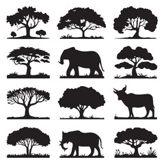 Animals silhouette big set. silhouette tree line drawing set, Side view, set of graphics trees elements outline symbol for architecture and landscape design drawing. Vector illustration