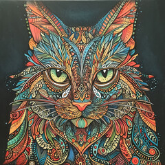 Colorful Tribal Cat Illustration

