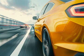 Yellow taxi car speeding on a high-speed highway curve with motion blur in rear view