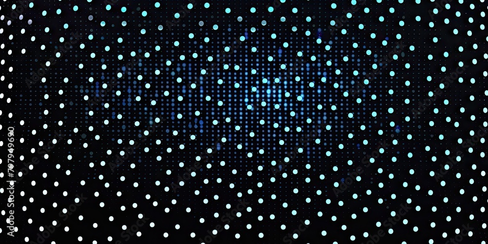 Poster blue neon-style abstract net of lines adorned with small dots, embodying technological elegance.