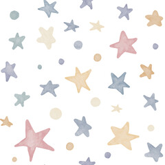 Star seamless Pattern. Watercolor illustration with Space on pastel blue and pink colors for nursery wallpaper or childish textile. Backdrop with cosmos for Baby design. Colorful background.