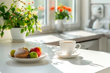 Morning coffee in bright modern kitchen with copy space, summer breakfast scene on white table