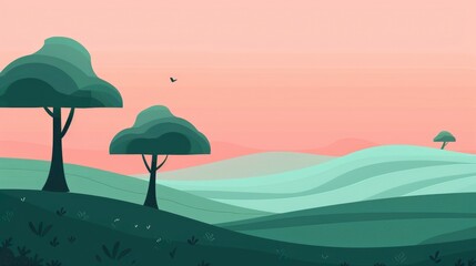 A flat vector illustration of two trees on the left side, with a pink sky and green hills in the background, creating an atmosphere of tranquility and serenity