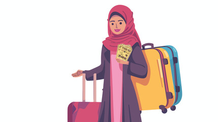 Cartoon young arab woman stands with tickets and lugg