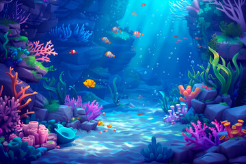 Colorful cartoon illustration of an underwater scene with colorful fish, sea plants and corals.