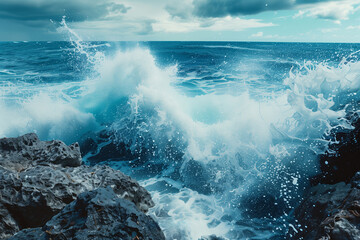 Obraz premium A powerful ocean wave crashing against the rocks.