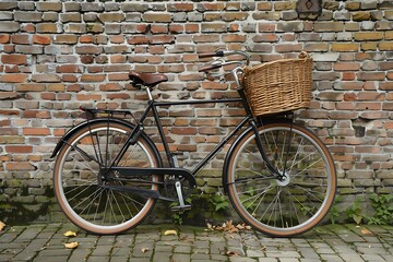 Restored vintage bicycle with a wicker basket leaning nonchalantly against a weathered brick wall. - Powered by Adobe