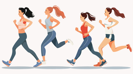 Cartoon young women running or jogging for fitness in