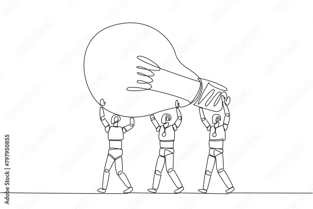 Aufkleber single one line drawing a group of robots work together to carrying a lightbulb. amazing artificial 