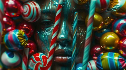 A mesmerizing composition showcasing an obscured face obscured by a delightful assortment of candy and bonbons