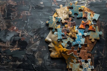 Profile of human head with jigsaw puzzle pieces, concept for cognitive psychology