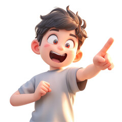 An Asian cartoon character in a grey t shirt looks absolutely stunned as he excitedly points towards the empty space next to him standing out against a plain transparent background