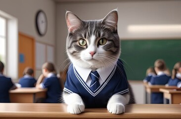 a cat in a school uniform sits on a school desk in the classroom