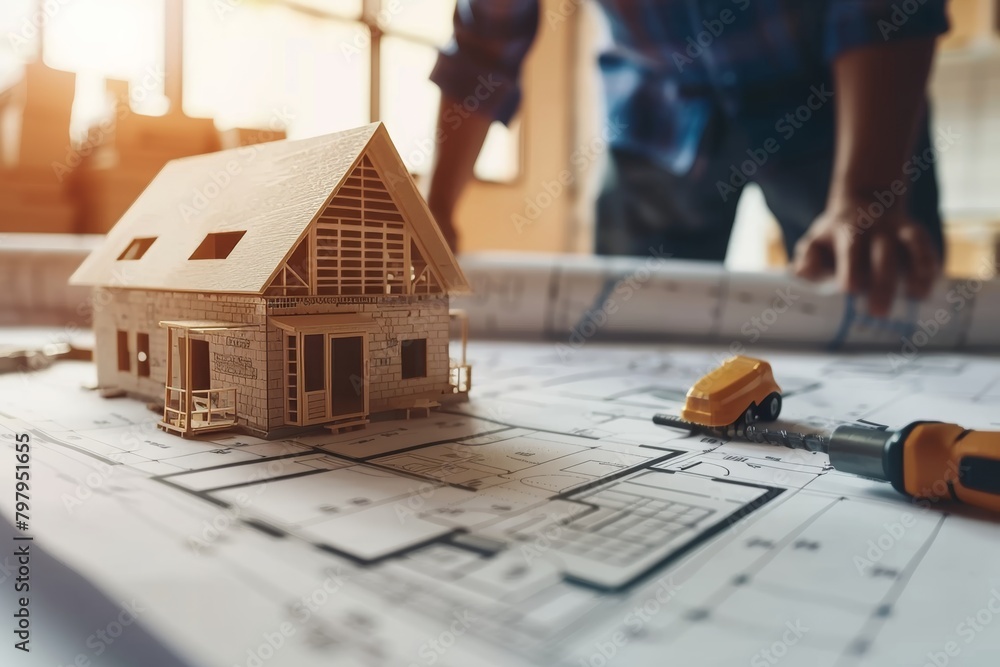 Poster worker building a house on blueprints - construction project progress with skilled laborer