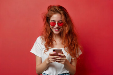 Beautiful smiling young woman in with phone.Young caucasian woman isolated on red background sending a message with the mobile. Abstract fashion concept horizontal copy space.