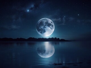 Landscape picture night sea The full moon reflects on the water surface.
