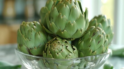 Artichoke in transparant package, kitchen background setting