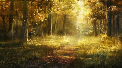Obraz premium A path leading through the forest, bathed in golden sunlight filtering through tall trees