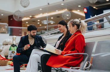 Three business colleagues engage in a discussion with paperwork and coffee at a shopping mall...