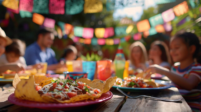A family enjoys a festive meal outdoors, decorated with Mexican flags and lanterns, children play in the background, slightly blurred to focus on the joyous faces. , natural light,