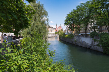 Fototapeta na wymiar Ljubljana river leading to the Church of Annunciation and green lush river banks with small caffees. Slovenia