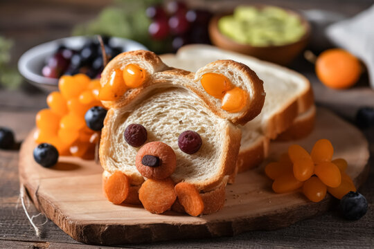 A teddy bear made out of bread sits on a wooden table with a variety of fruits and vegetables
