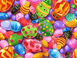 Colorful candy and playful beetles.