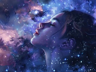 Cosmic dream, woman amidst the stars and galaxies.