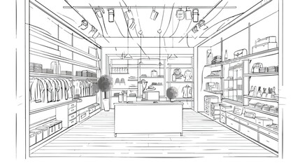Outline drawings of clothing boutique interior with f